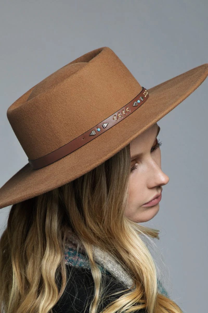 Wool Boater Hat with Navajo Inspired Leather Trim (Pecan) - Hat