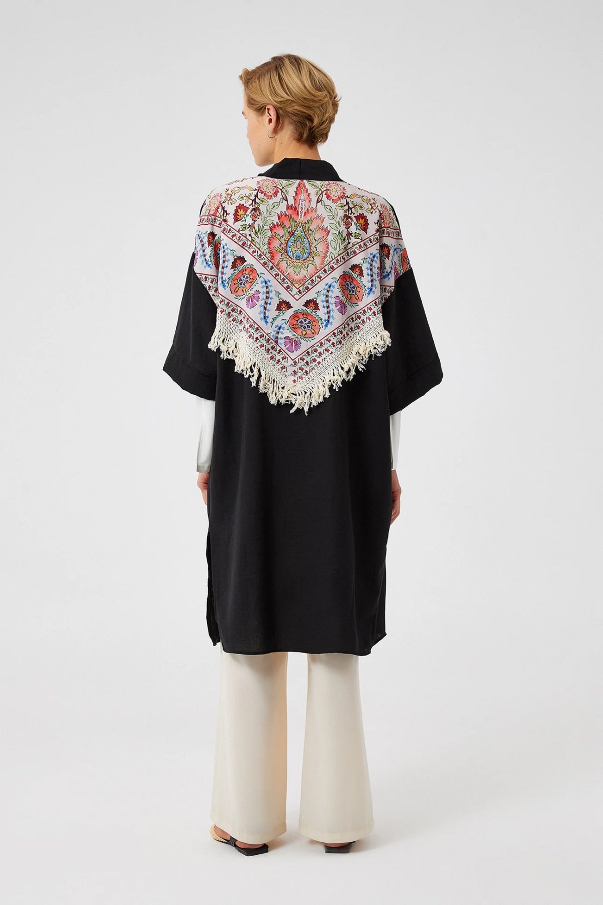 Boho Blossom Tassel Kimono (Black) - Small - Casual Kimonos