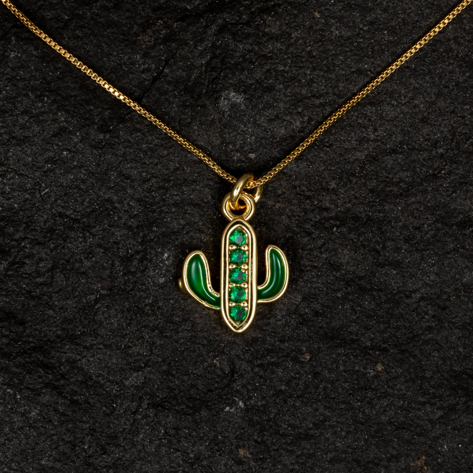 Cactus Enamel Necklace with Green Gemstones - Necklaces