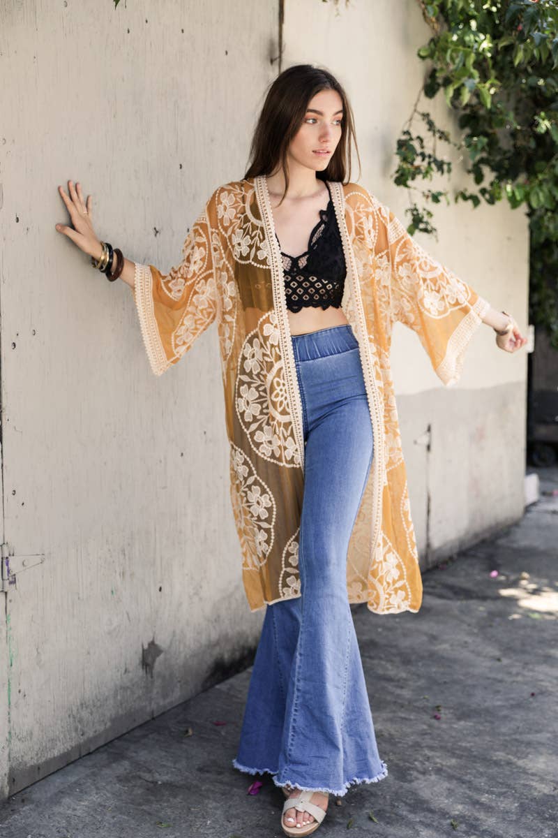 Contrast Mesh Cotton Lace Kimono - Rust - Casual Kimonos