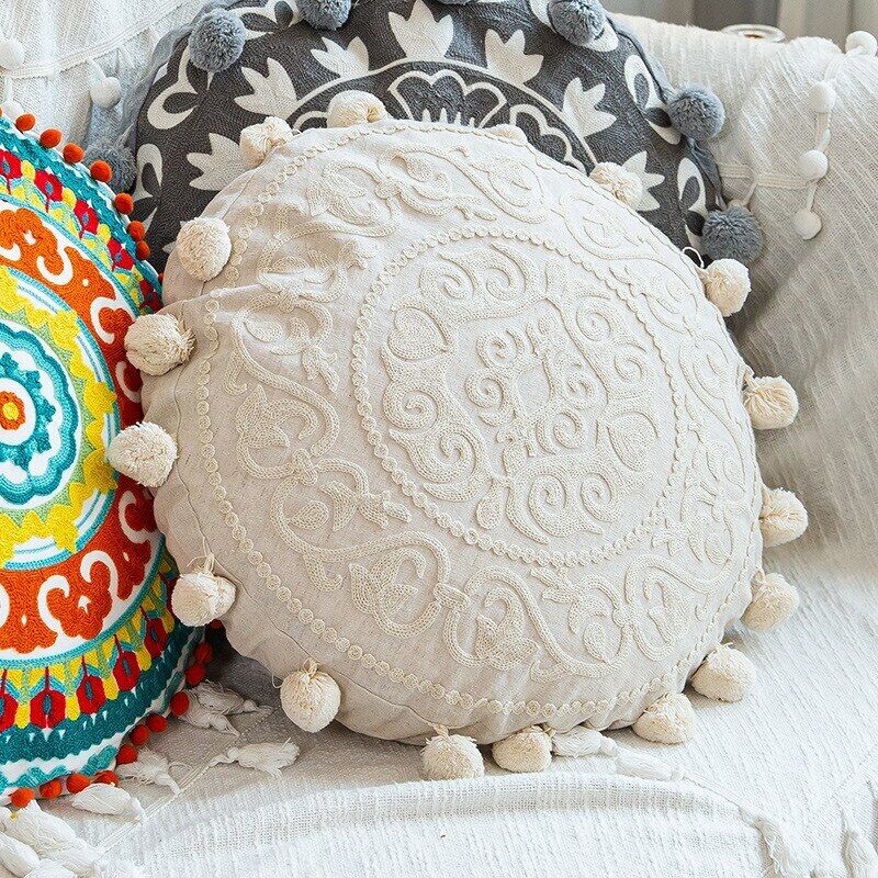 Cream Embroidered Bohemian Throw Pillow with Pompoms - Pillows