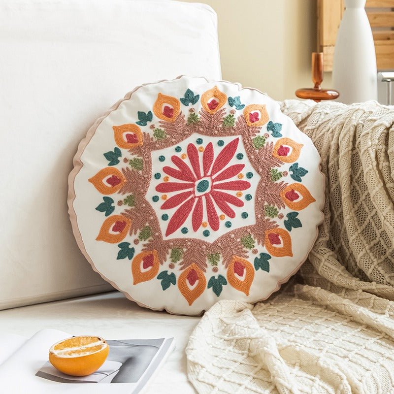 Embroidered Peach Flower Bohemian Throw Pillow