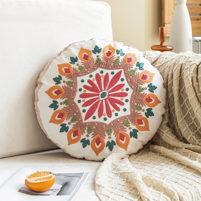 Embroidered Peach Flower Bohemian Throw Pillow - Pillows