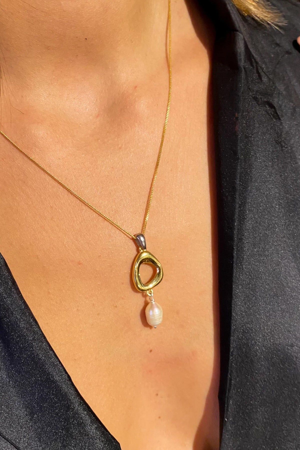 Geo Hoop 18K Gold Filled Designer Necklace with Baroque Pearl - Necklace