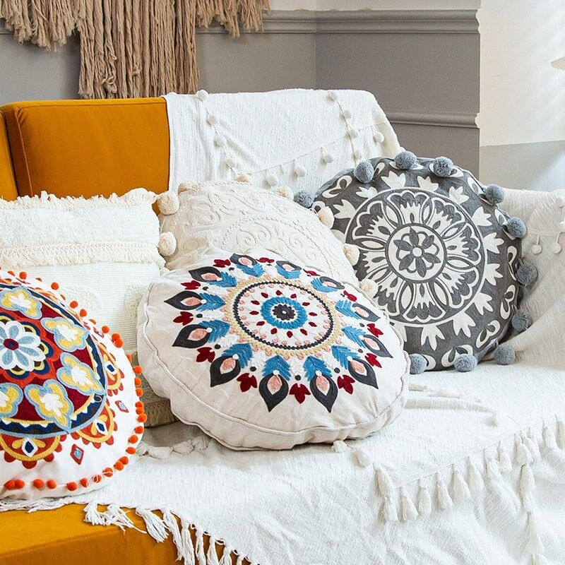 Grey Embroidered Bohemian Throw Pillow with Pompoms - Pillows
