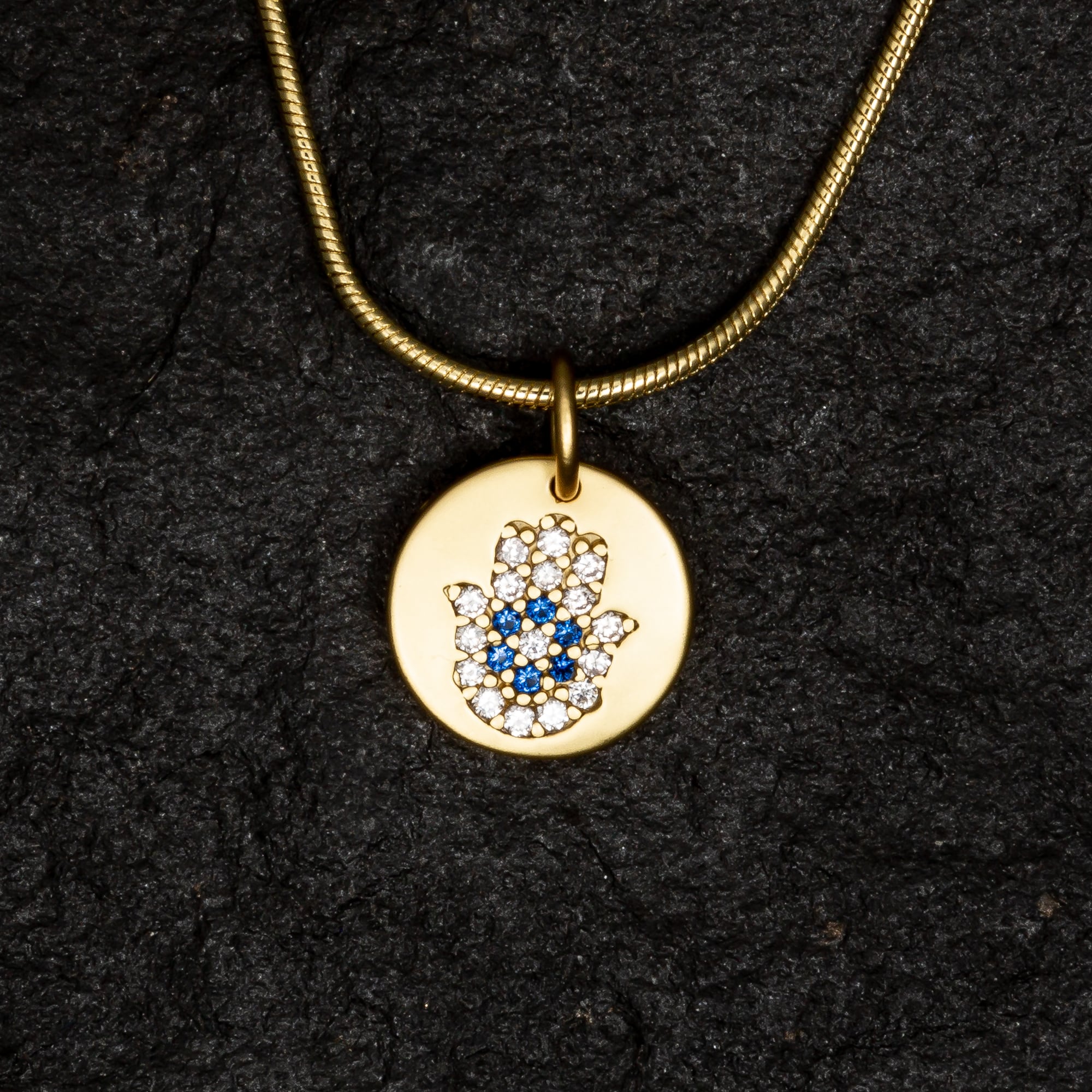 Hamsa Round Necklace with Blue Gemstones and Matt Finish - Necklaces