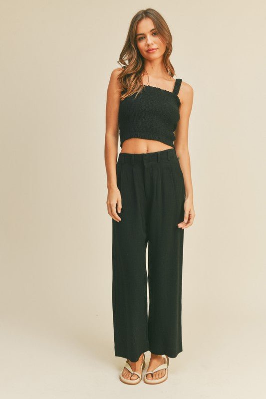 Linen Wide Leg Pants (Black) - Small - Pants