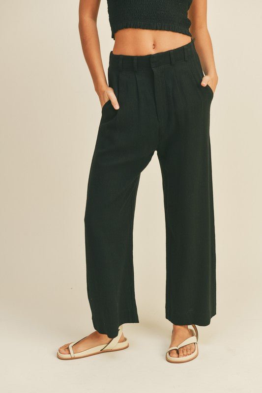 Linen Wide Leg Pants (Black) - Small - Pants