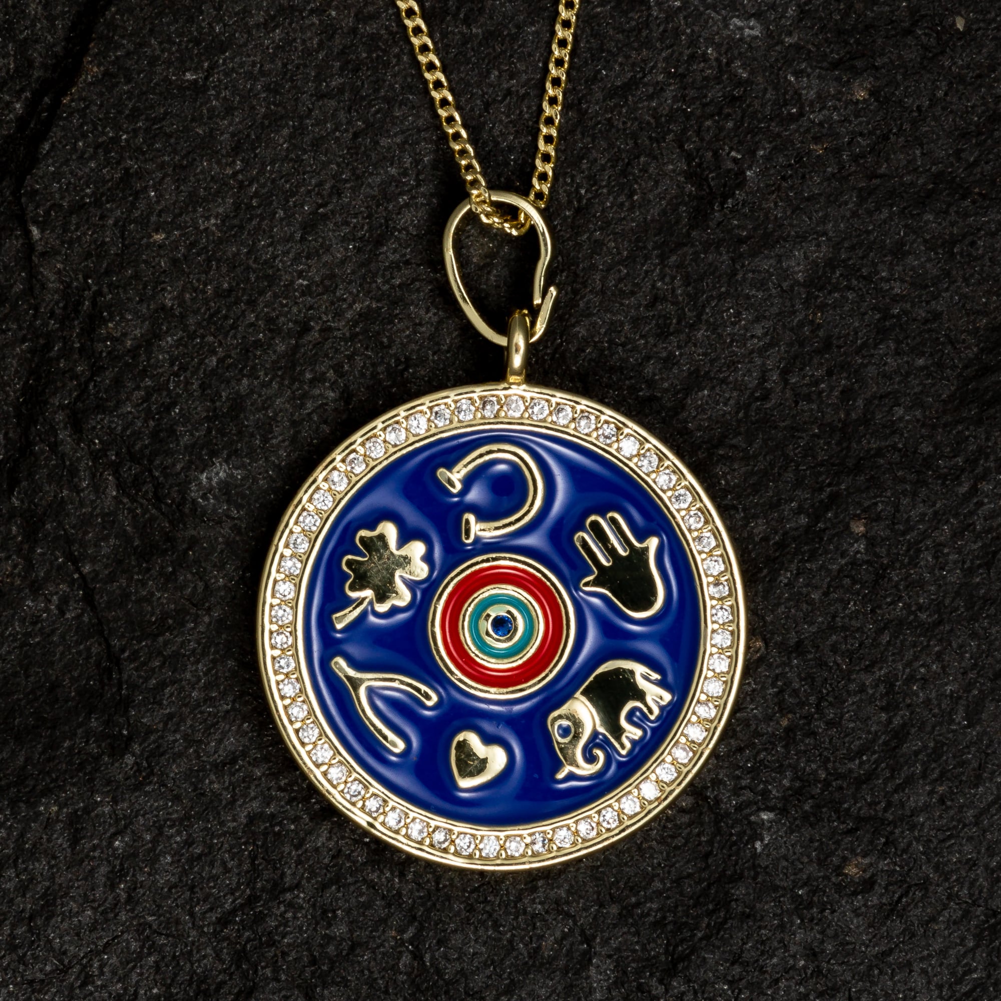 Lucky Charm Round Necklace with Gemstones (Blue) - Necklaces