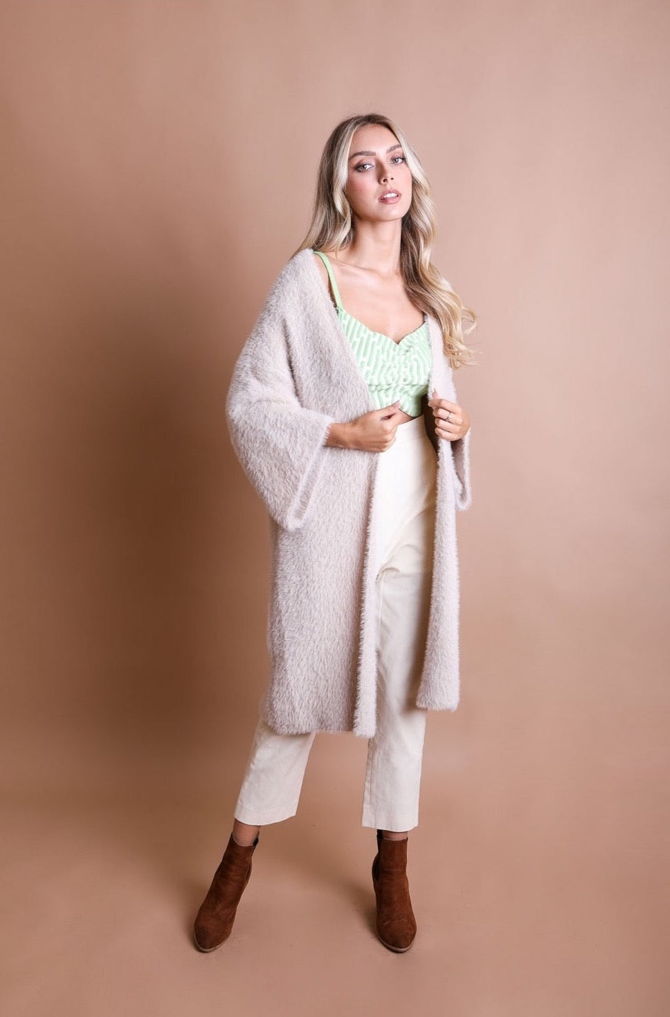 Luxe Winter Faux Mohair Knit Cardigan - Beige - Casual Kimonos