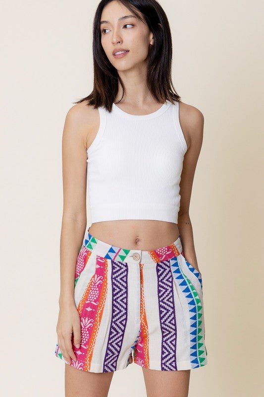 Multi Color Embroidered Cotton Shorts - Small - Shorts