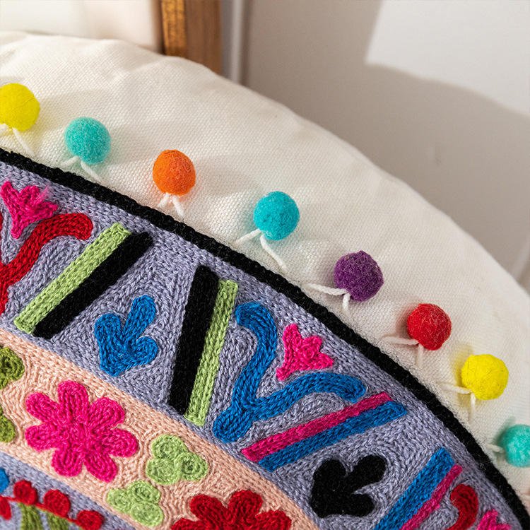 Multicolor Meditation Cushion with Pompoms - Pillows