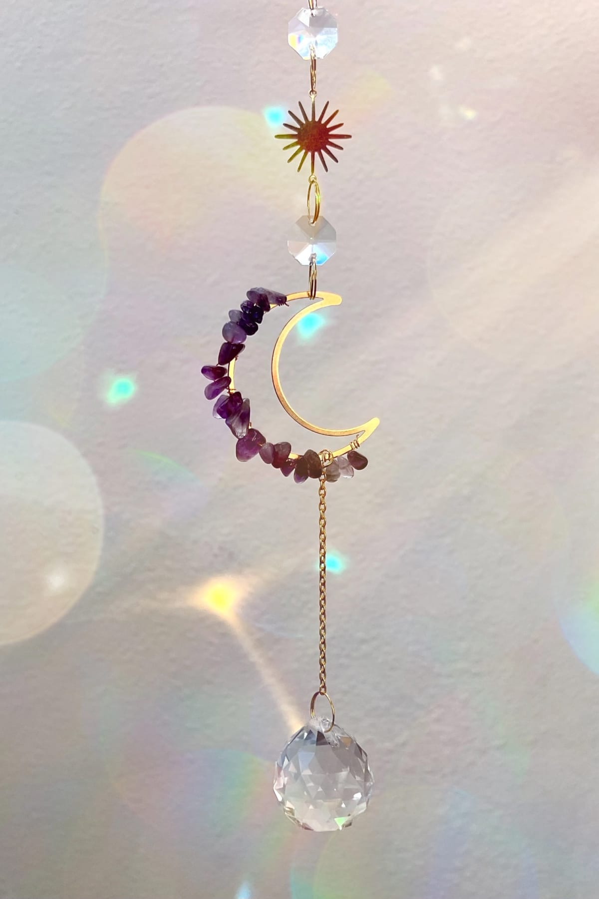 Mystic Moon Amethyst Crystal Suncatcher with Rainbow Sparkle