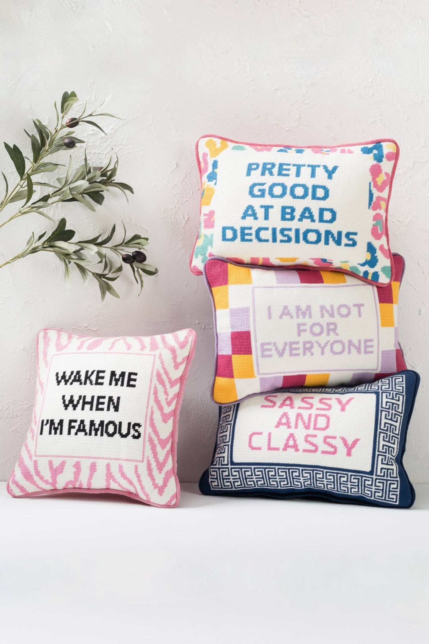 "Pretty Good at Bad Decision" Embroidered Needlepoint Throw Pillow - Pillows