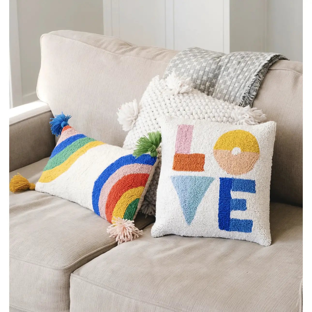 Rainbow Hook Pillow With Tassels - Pillows