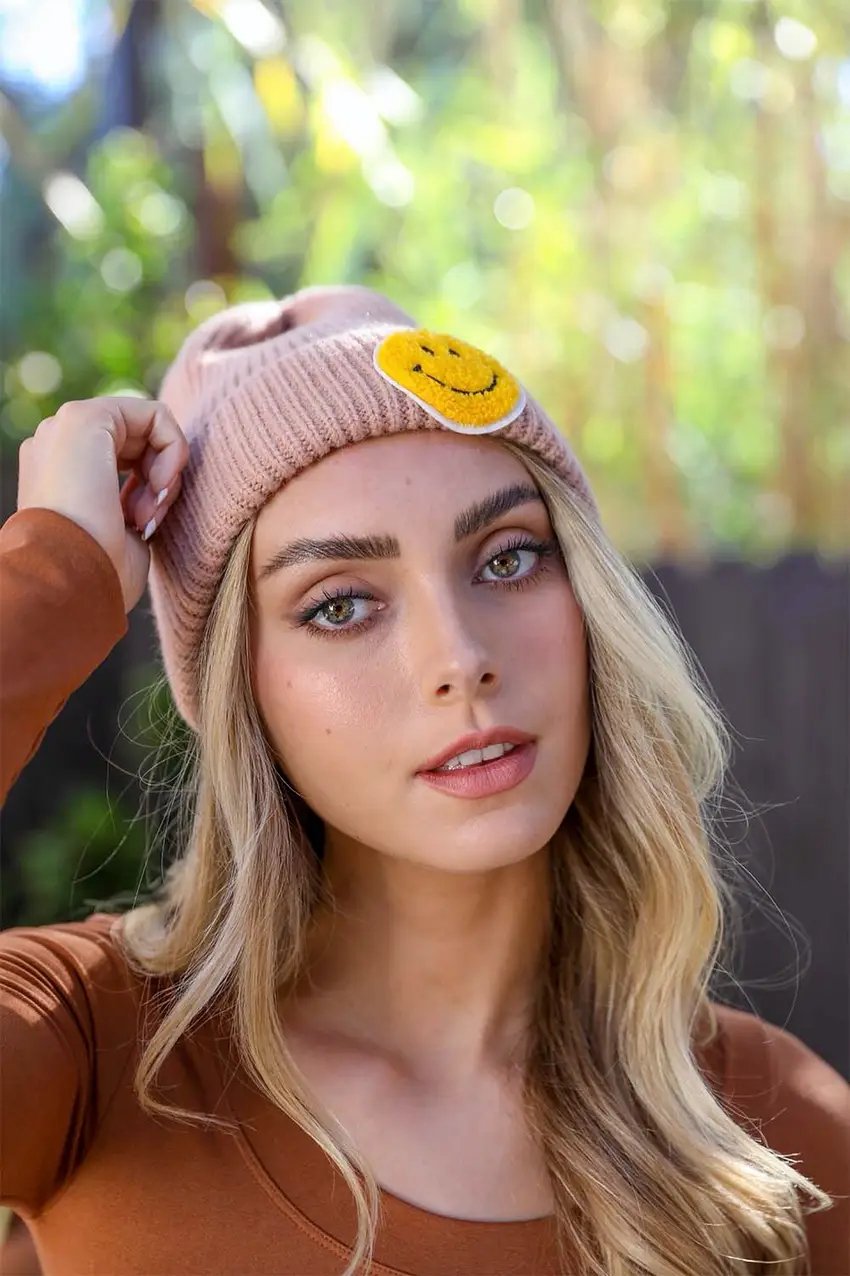 Smiley Face Ribbed Beanie - Beige - Hats