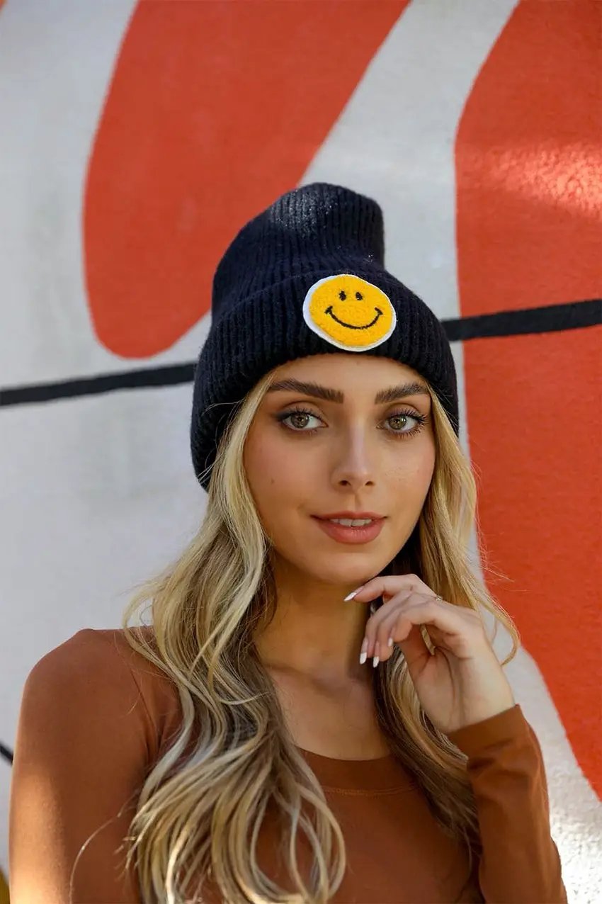 Smiley Face Ribbed Beanie - Black - Hats