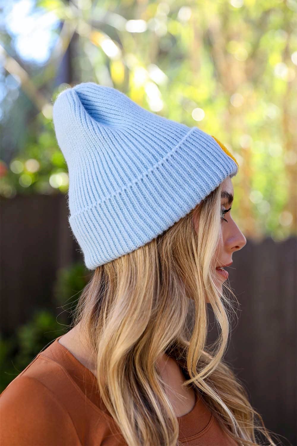 Smiley Face Ribbed Beanie - Blue - Hats