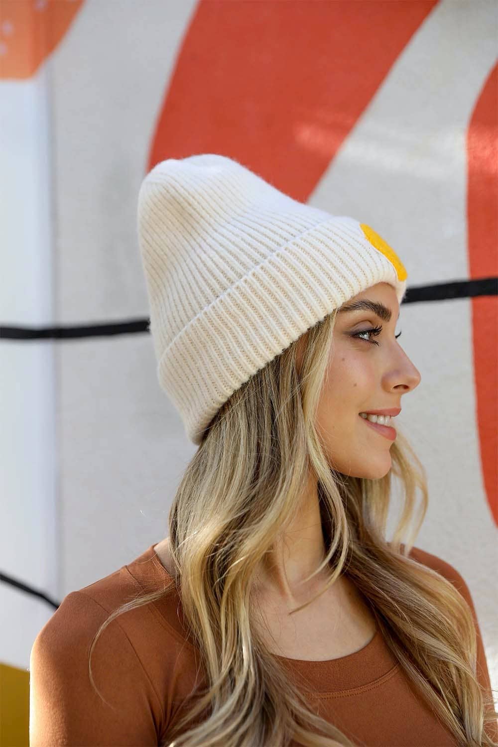 Smiley Face Ribbed Beanie - Ivory - Hats