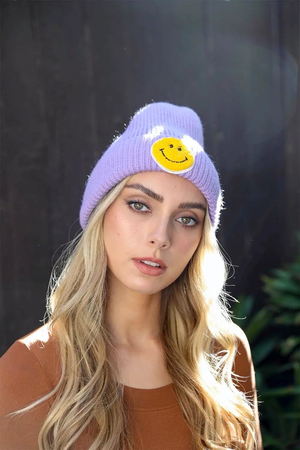 Smiley Face Ribbed Beanie - Lavender - Hats