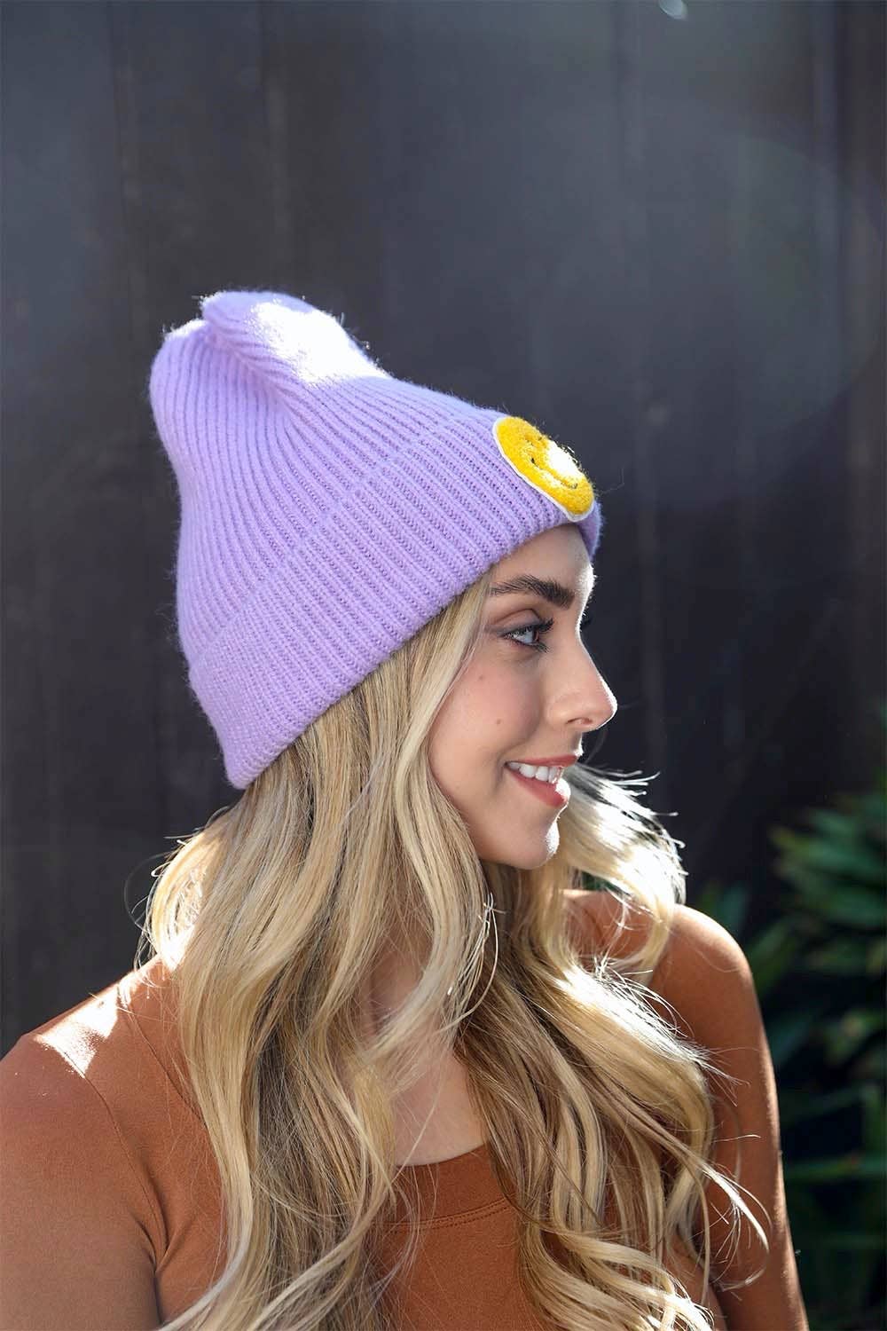 Smiley Face Ribbed Beanie - Lavender - Hats