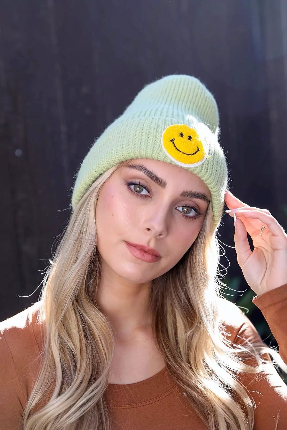 Smiley Face Ribbed Beanie - Mint - Hats