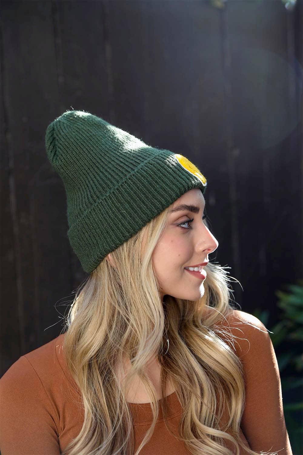 Smiley Face Ribbed Beanie - Olive - Hats