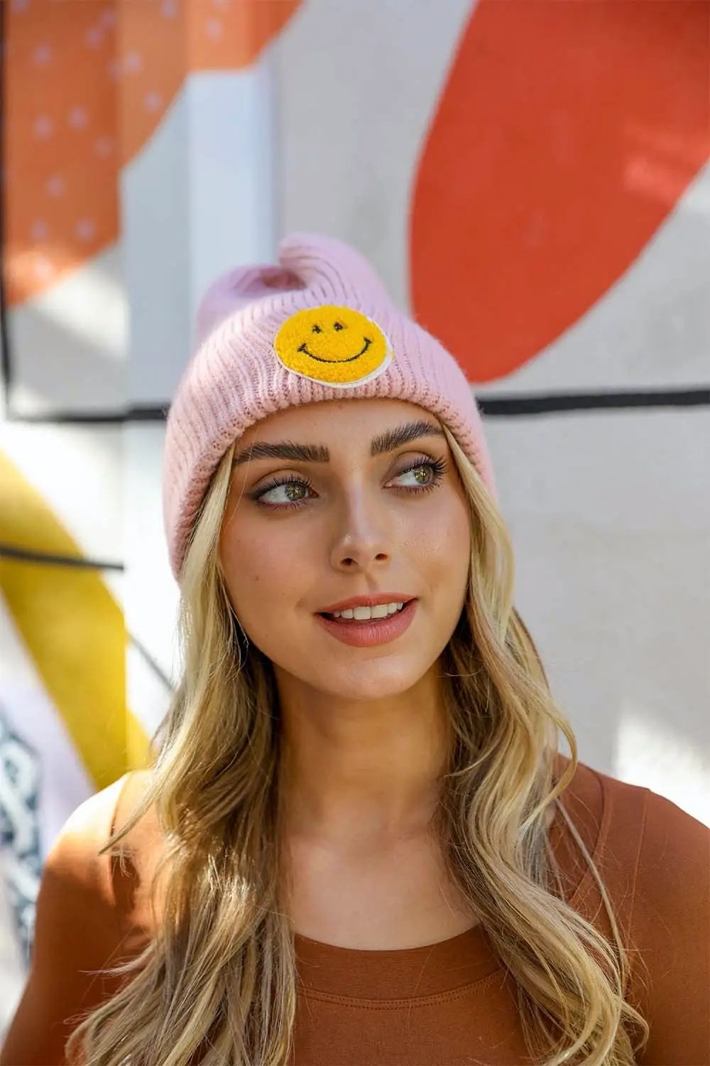 Smiley Face Ribbed Beanie - Pink - Hats