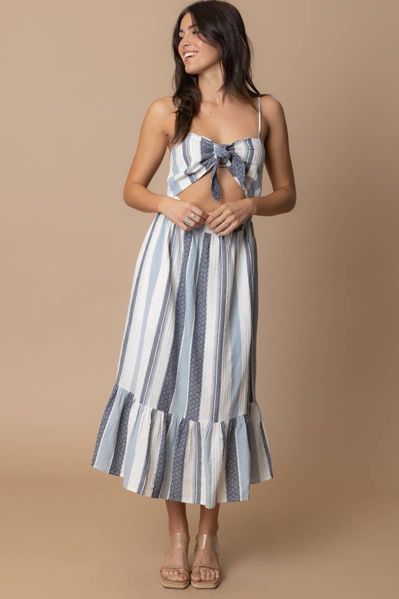 Striped Tie Front Cut-Out Midi Cotton Dress - Small - Dresses