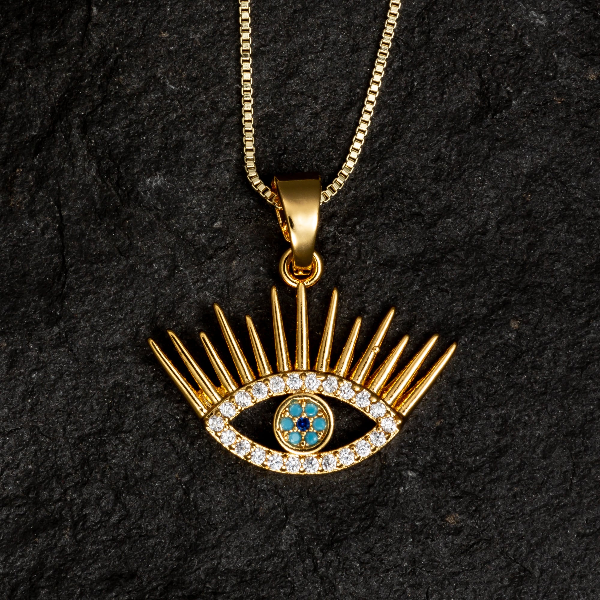 Sun Rays Evil Eye Necklace with Blue Gemstones - Necklaces