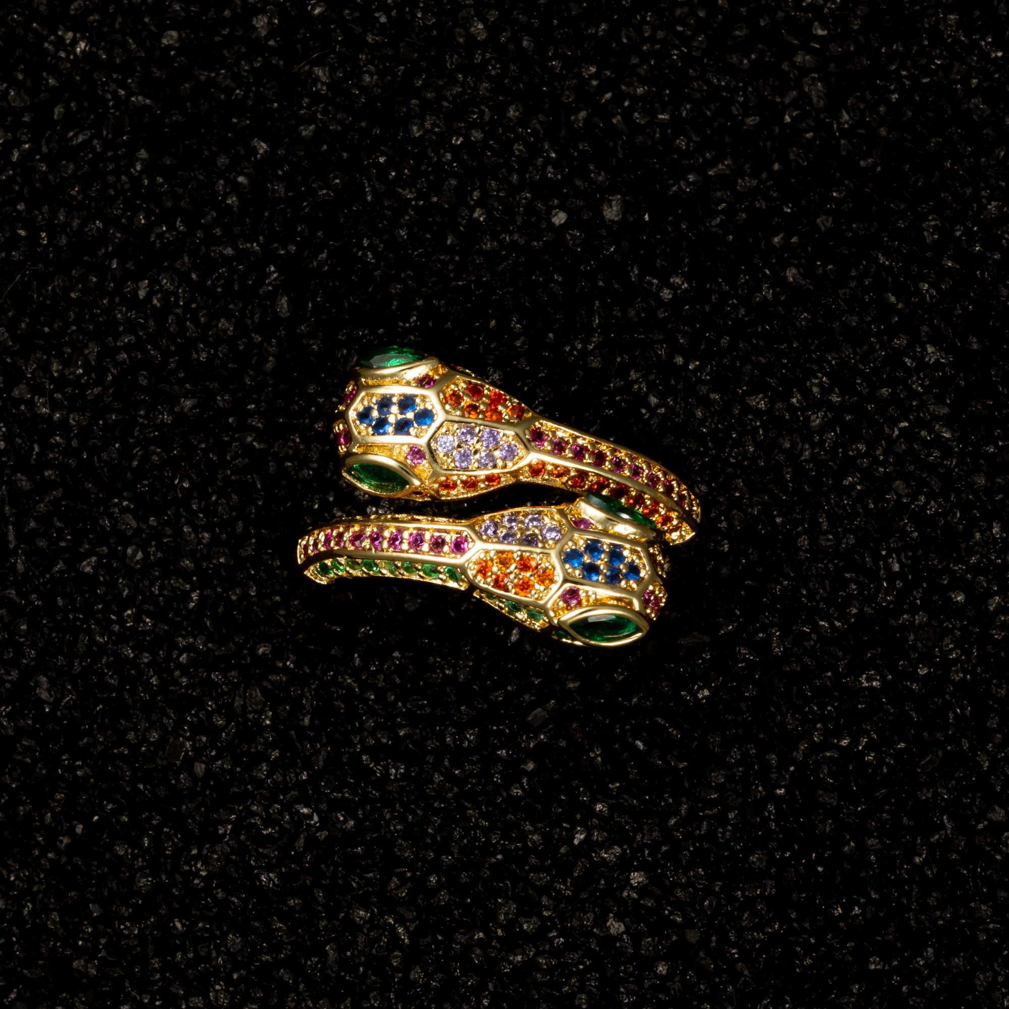 Two-Headed Snake Ring with Multi Color Gemstones - Rings
