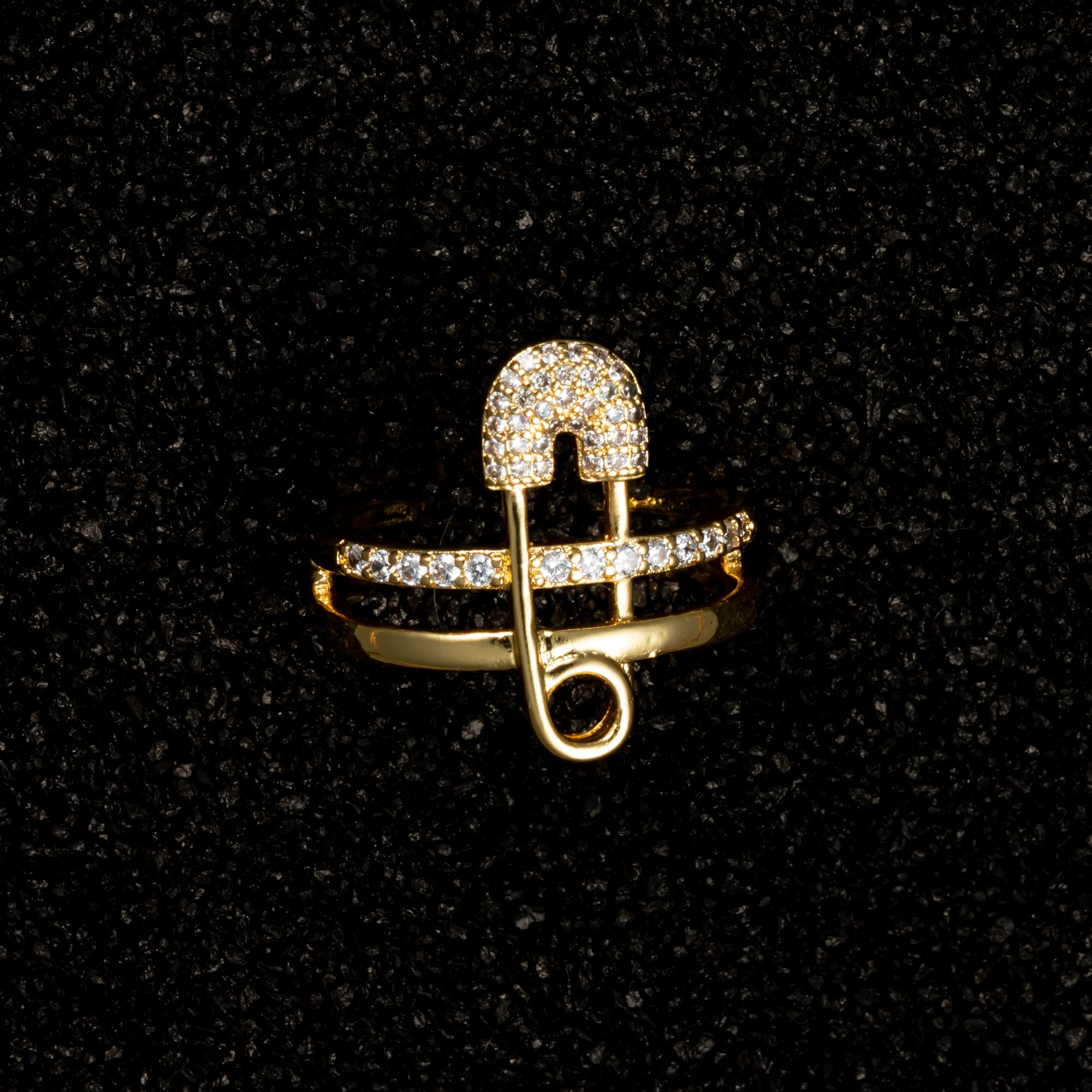 Two-Row Safety Pin Ring with Gemstones - Rings